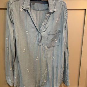 Denim pullover, large anchor detail embroidery